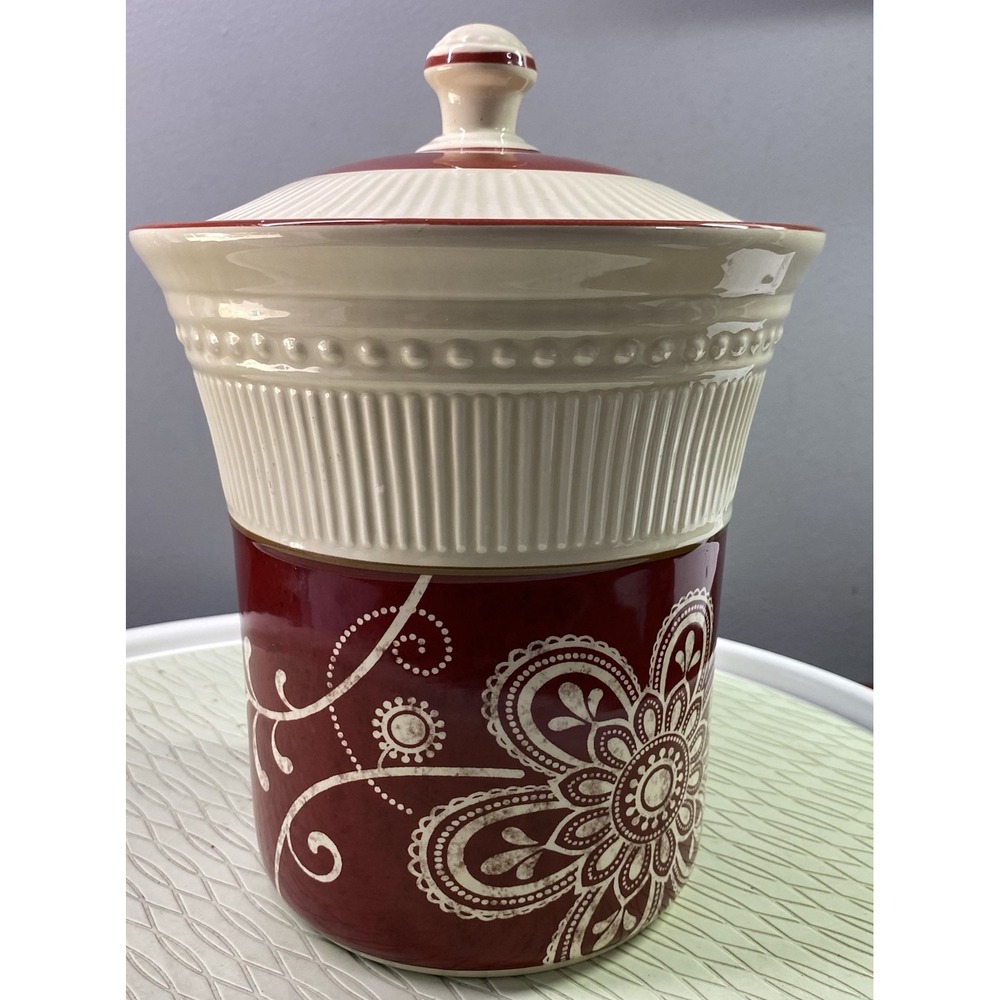 Pier 1 One Import Maribeth Kitchen Canister/Cookie Jar Burgundy/Cream 10.5" Tall